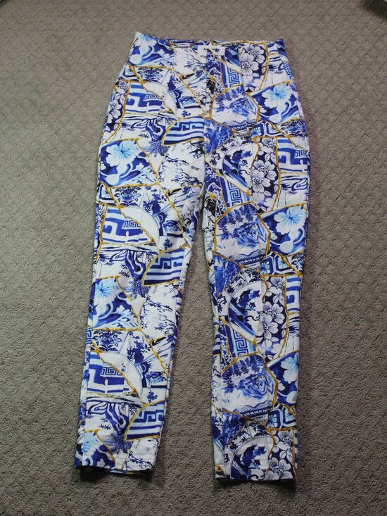 Desigual Pants - Desigual x Stella Jean Size M Blue Gold Patterned High Rise Slim Ankle Pants